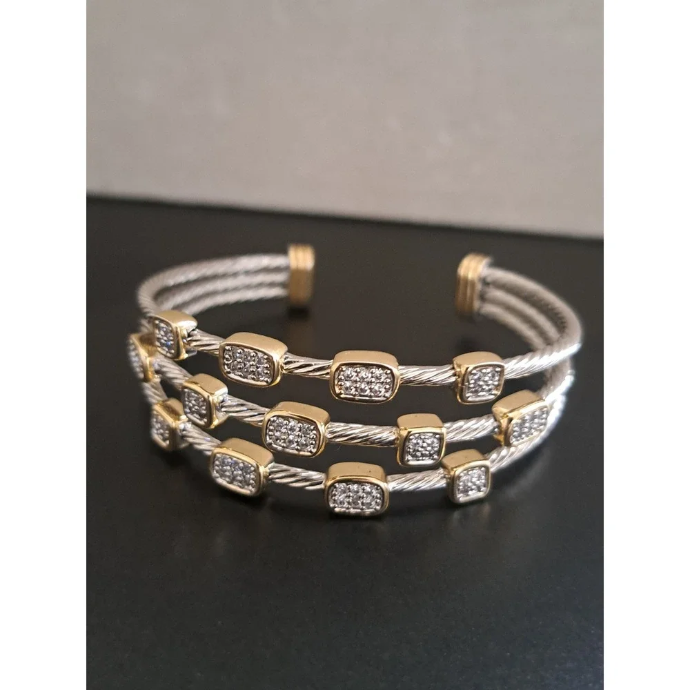 Womens Two Tone Triple Row Cable Cuff Bracelet Pave Crystal Stations Silver Gold